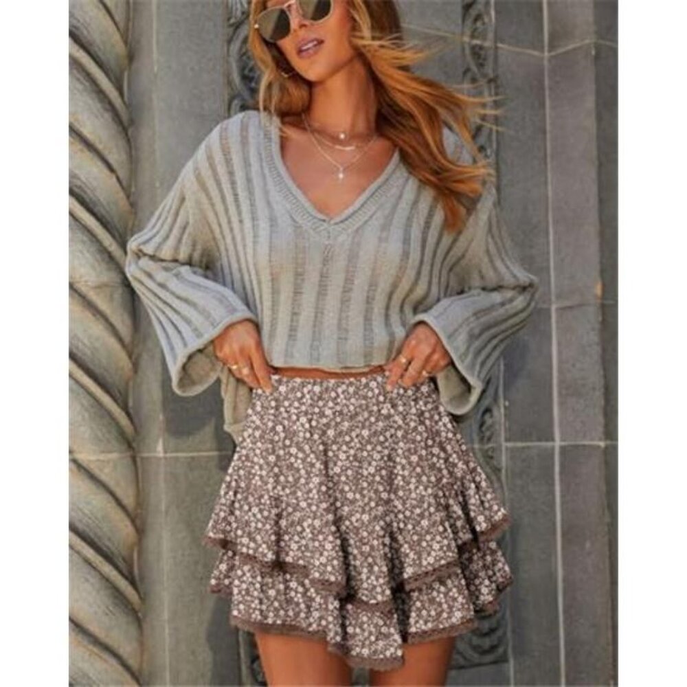 FLIRTY Bohemian FLORAL Print Ruffled Feminine Mini Skirt Shorts Skorts Size  L